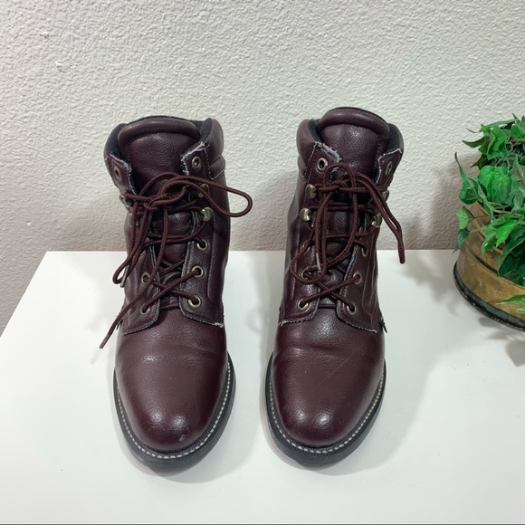 Justin Combat Work Boots Burgundy Man Made Leather - Picture 2 of 13